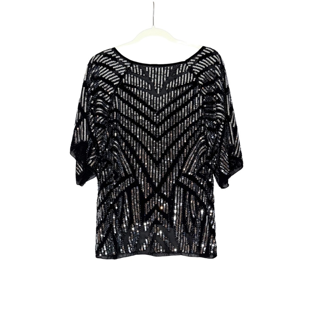 En Crème Black Sequin Top M | Sheer Chevron New Year’s Eve + Party Blouse - Picture 2 of 5